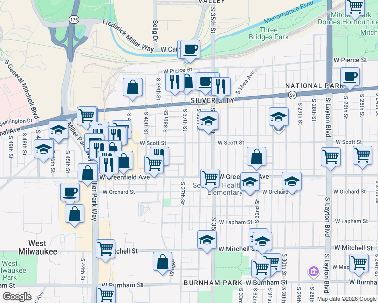 map of restaurants, bars, coffee shops, grocery stores, and more near 1220 South 37th Street in Milwaukee