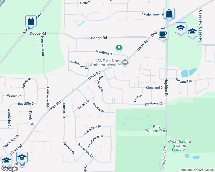 map of restaurants, bars, coffee shops, grocery stores, and more near 51 Southwedge Dr in Getzville