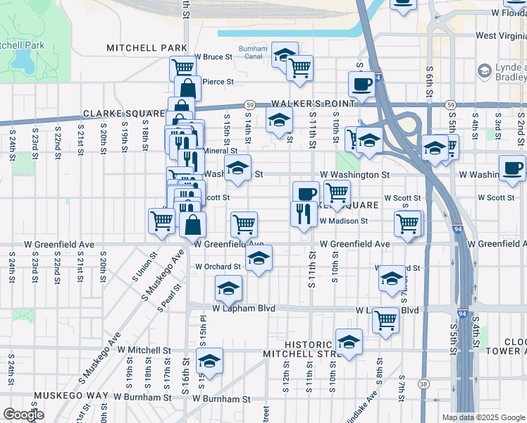 map of restaurants, bars, coffee shops, grocery stores, and more near 1308A West Madison Street in Milwaukee