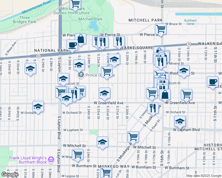 map of restaurants, bars, coffee shops, grocery stores, and more near 1222-1224 South 22nd Street in Milwaukee