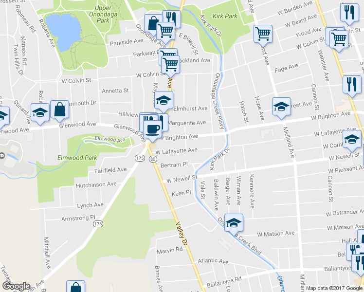 map of restaurants, bars, coffee shops, grocery stores, and more near 422 Bishop Ave in Syracuse