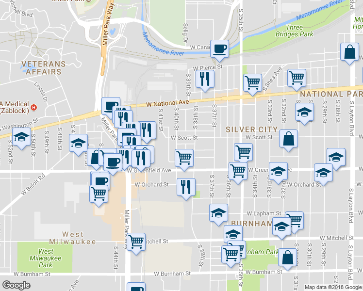 map of restaurants, bars, coffee shops, grocery stores, and more near 1218 South 40th Street in West Milwaukee