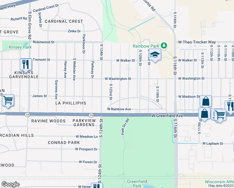 map of restaurants, bars, coffee shops, grocery stores, and more near 1231 South 122nd Street in West Allis