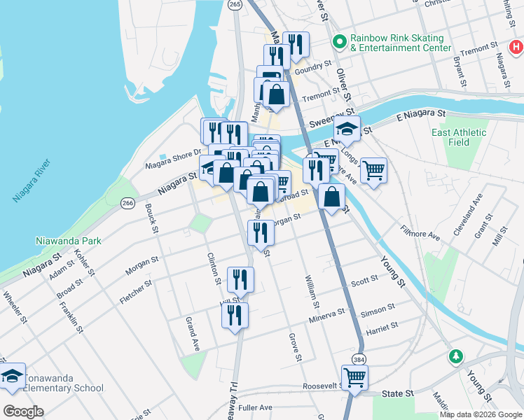 map of restaurants, bars, coffee shops, grocery stores, and more near 67 Main Street in Tonawanda