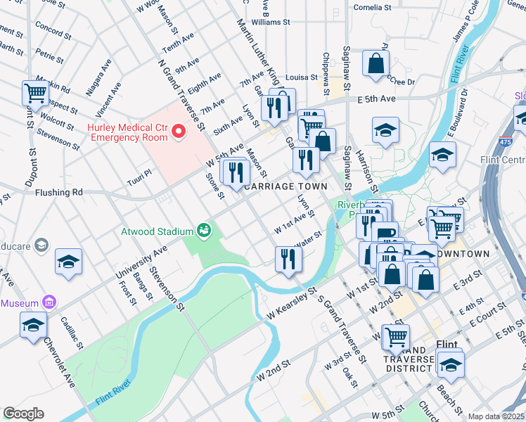 map of restaurants, bars, coffee shops, grocery stores, and more near 428 West 2nd Avenue in Flint