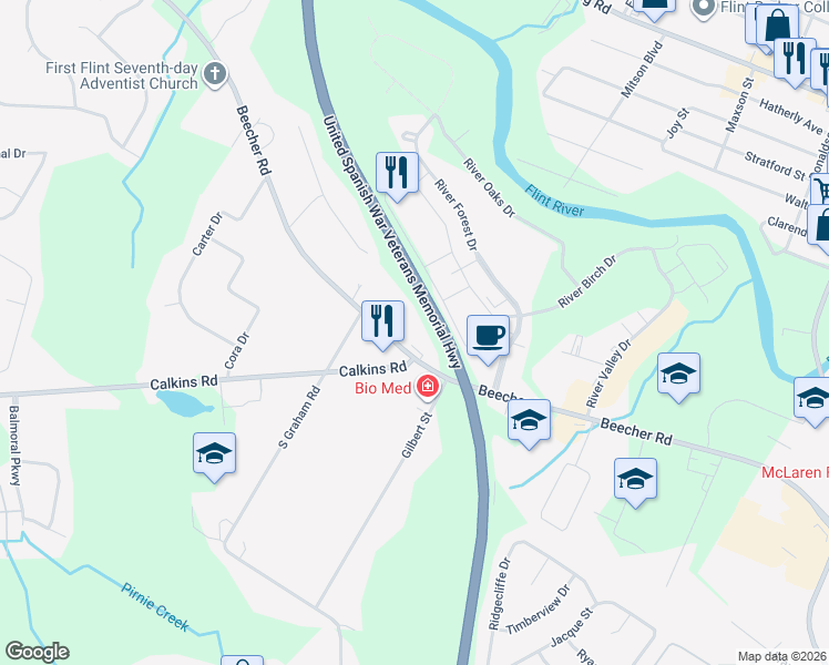 map of restaurants, bars, coffee shops, grocery stores, and more near 3536 Beecher Road in Flint