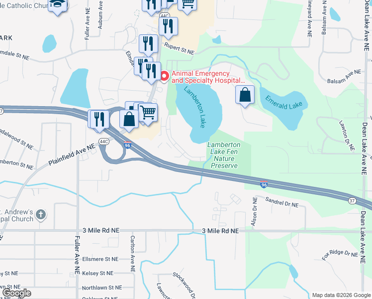 map of restaurants, bars, coffee shops, grocery stores, and more near 3116 Plaza Drive Northeast in Grand Rapids