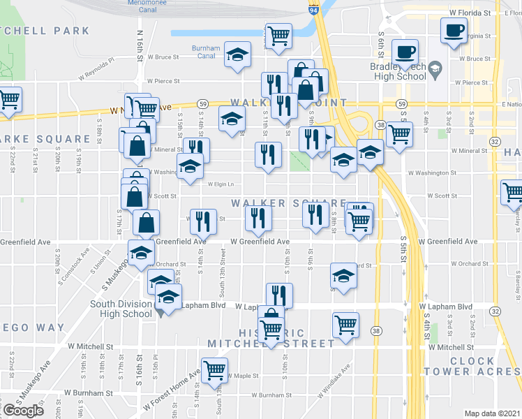 map of restaurants, bars, coffee shops, grocery stores, and more near 1225 South 11th Street in Milwaukee