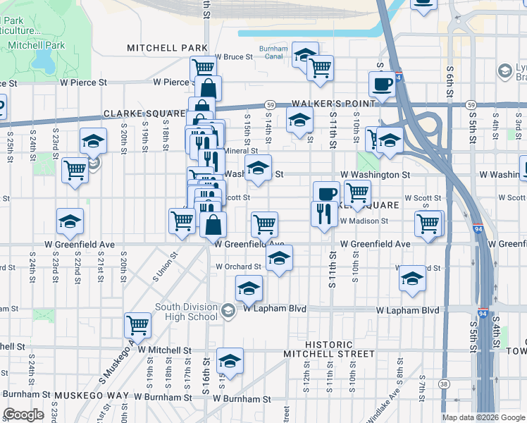 map of restaurants, bars, coffee shops, grocery stores, and more near 1414 A West Madison Street in Milwaukee