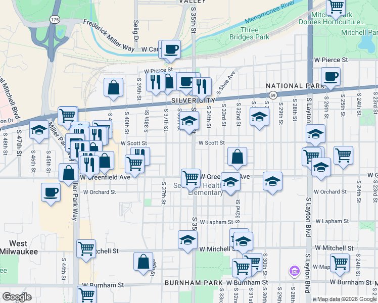 map of restaurants, bars, coffee shops, grocery stores, and more near 1220 South 36th Street in Milwaukee