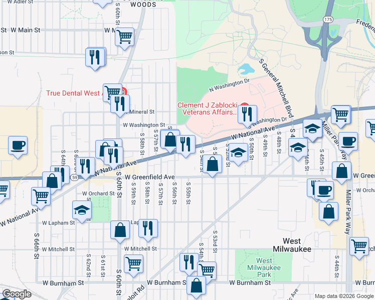 map of restaurants, bars, coffee shops, grocery stores, and more near 1631 Miller Park Way in West Milwaukee