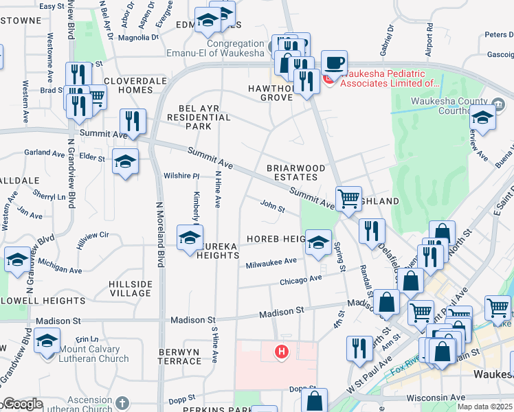 map of restaurants, bars, coffee shops, grocery stores, and more near 469 North Washington Avenue in Waukesha