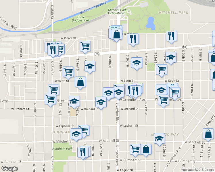 map of restaurants, bars, coffee shops, grocery stores, and more near 1223 South 28th Street in Milwaukee