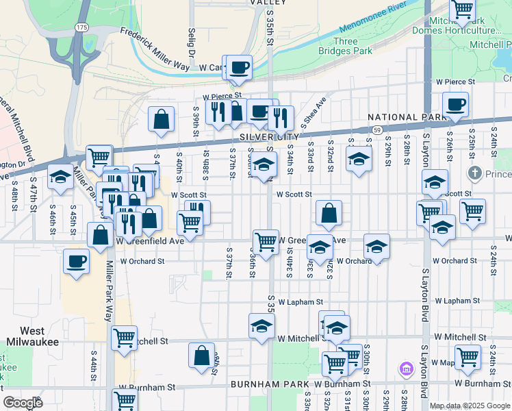 map of restaurants, bars, coffee shops, grocery stores, and more near 1220 South 36th Street in Milwaukee