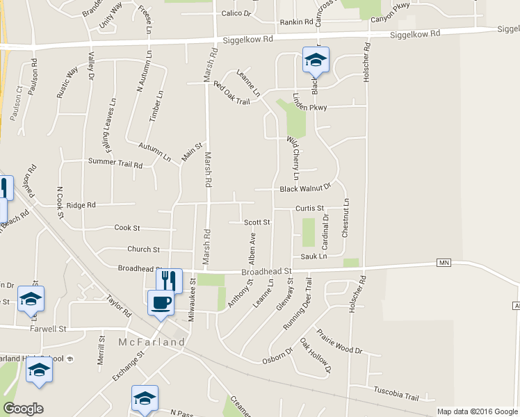 map of restaurants, bars, coffee shops, grocery stores, and more near 5605 Eighmy Rd in McFarland