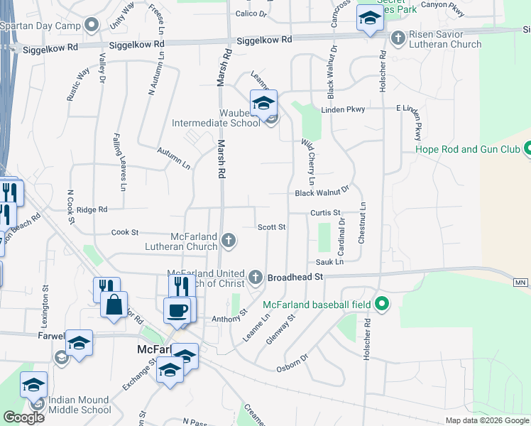 map of restaurants, bars, coffee shops, grocery stores, and more near 5605 Eighmy Road in McFarland