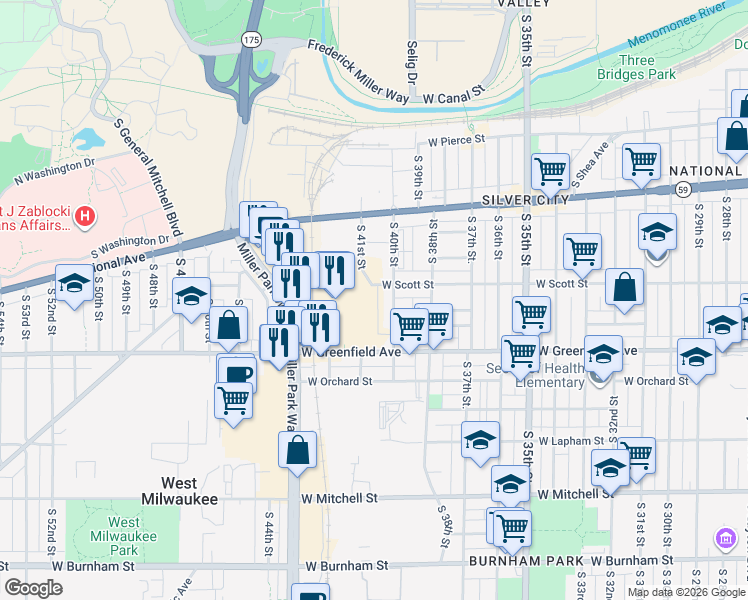 map of restaurants, bars, coffee shops, grocery stores, and more near 1233 South 41st Street in West Milwaukee
