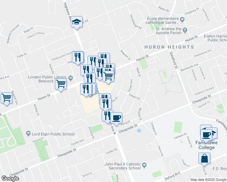 map of restaurants, bars, coffee shops, grocery stores, and more near 159 Godfrey Drive in London