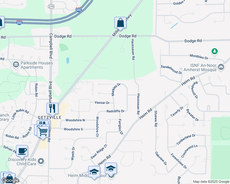 map of restaurants, bars, coffee shops, grocery stores, and more near 73 Markley Drive in Getzville