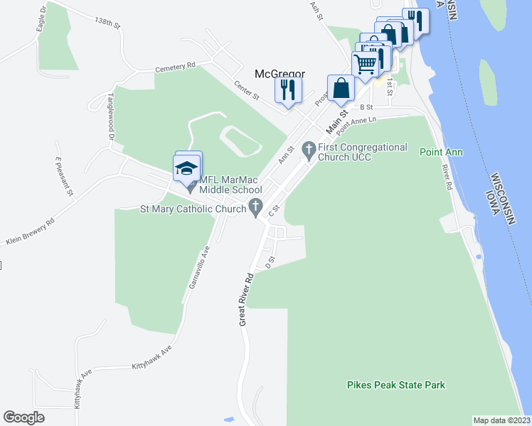 map of restaurants, bars, coffee shops, grocery stores, and more near 629 Main Street in McGregor