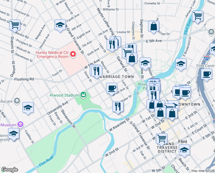 map of restaurants, bars, coffee shops, grocery stores, and more near 428 West 2nd Avenue in Flint