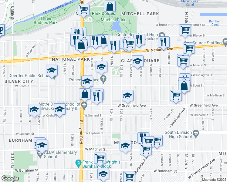 map of restaurants, bars, coffee shops, grocery stores, and more near 1222 South 24th Street in Milwaukee