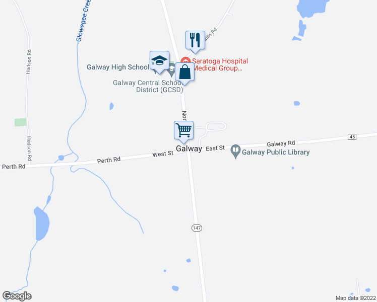 map of restaurants, bars, coffee shops, grocery stores, and more near County Road 45 & West Street in Galway