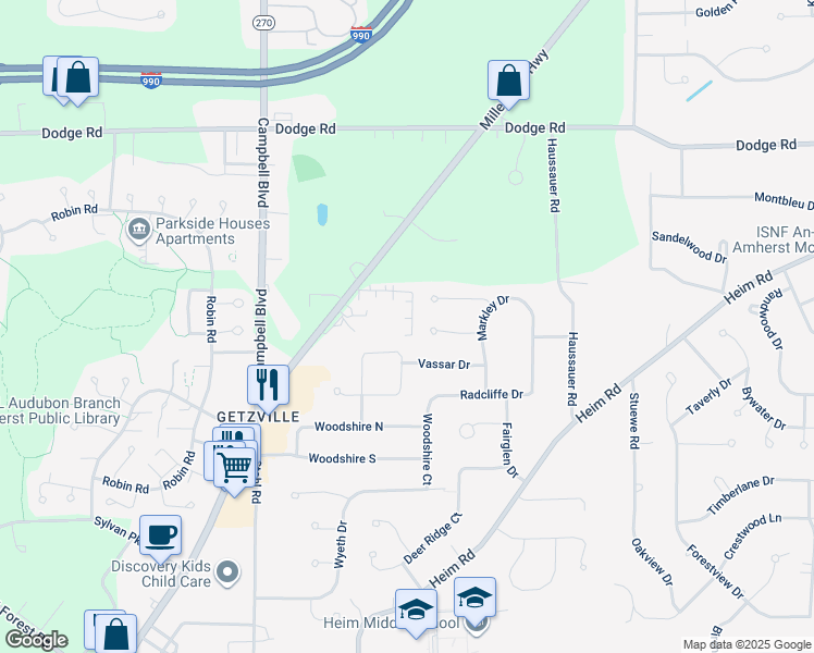 map of restaurants, bars, coffee shops, grocery stores, and more near 84 Stonington Lane in Getzville