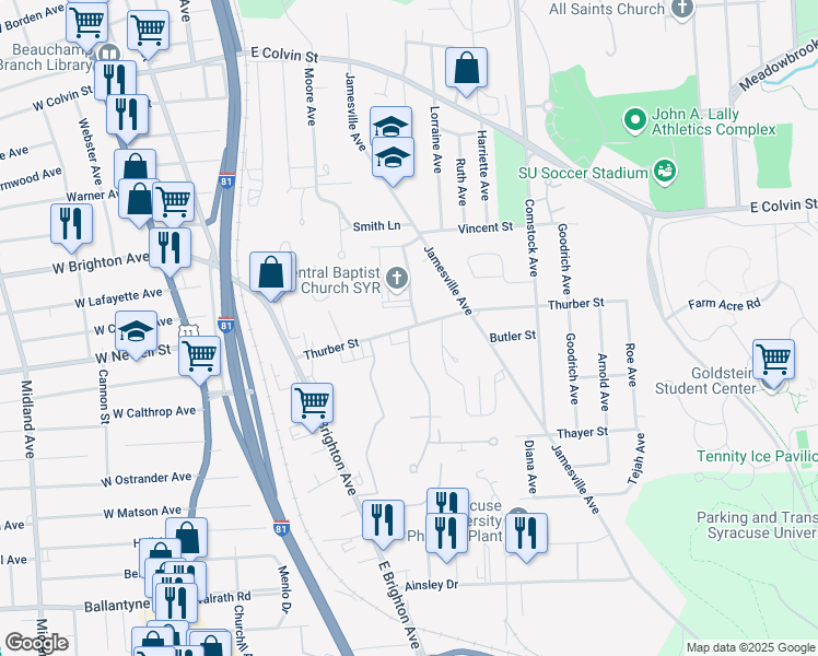 map of restaurants, bars, coffee shops, grocery stores, and more near Thurber Street & Remington Avenue in Syracuse