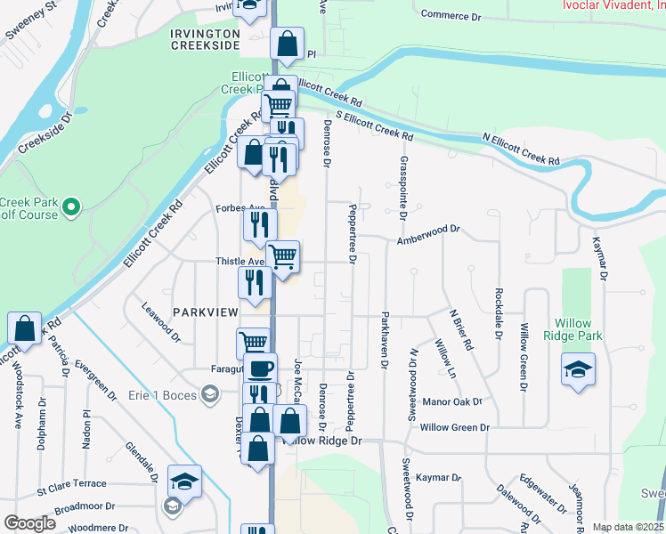 map of restaurants, bars, coffee shops, grocery stores, and more near 219 Denrose Drive in Buffalo