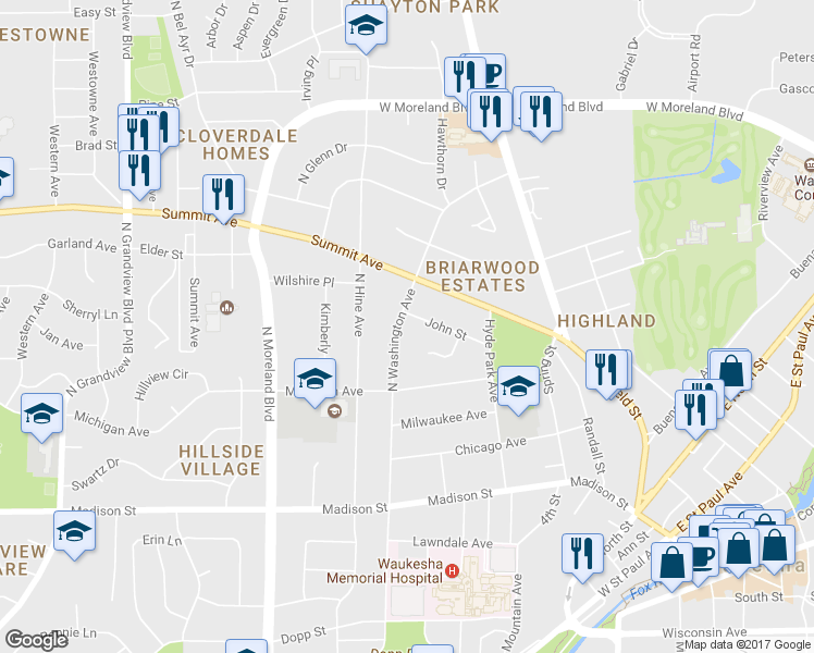 map of restaurants, bars, coffee shops, grocery stores, and more near 469 North Washington Avenue in Waukesha