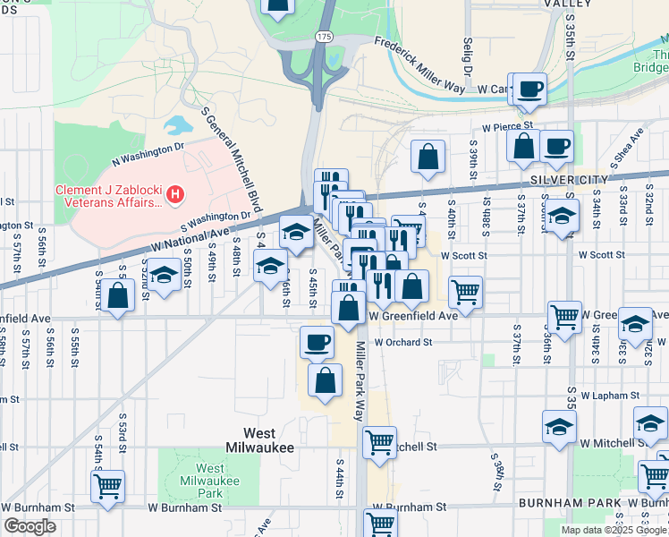 map of restaurants, bars, coffee shops, grocery stores, and more near 1223 South Westchester Street in West Milwaukee