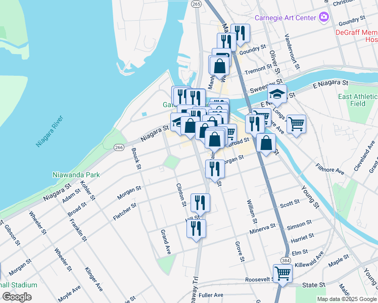 map of restaurants, bars, coffee shops, grocery stores, and more near 134 Broad Street in Tonawanda