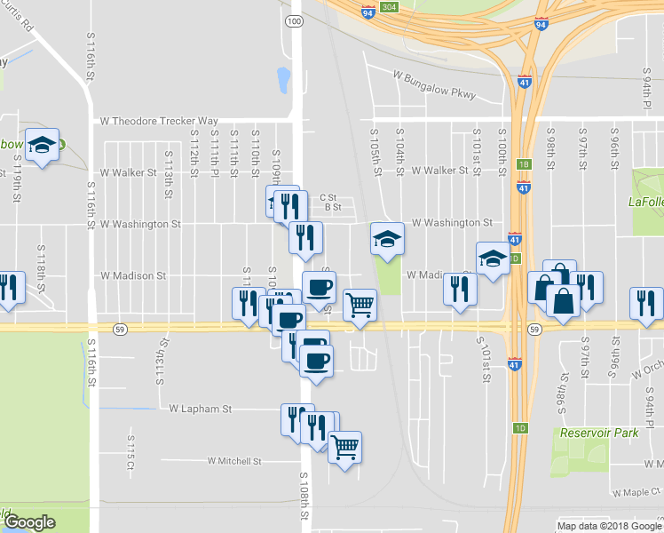 map of restaurants, bars, coffee shops, grocery stores, and more near 1228 South 107th Street in West Allis