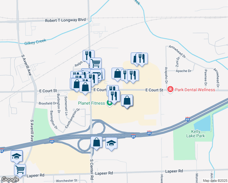 map of restaurants, bars, coffee shops, grocery stores, and more near 4190 East Court Street in Burton