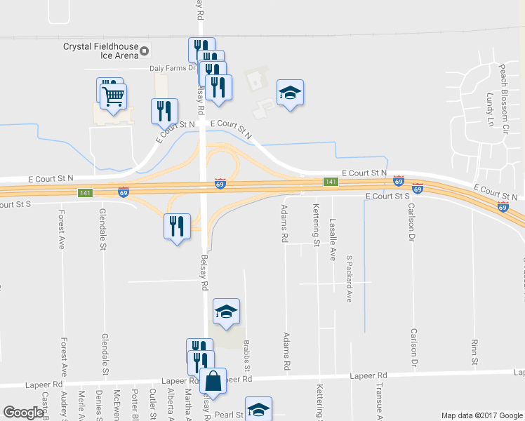 map of restaurants, bars, coffee shops, grocery stores, and more near 1020 Adams Road in Burton