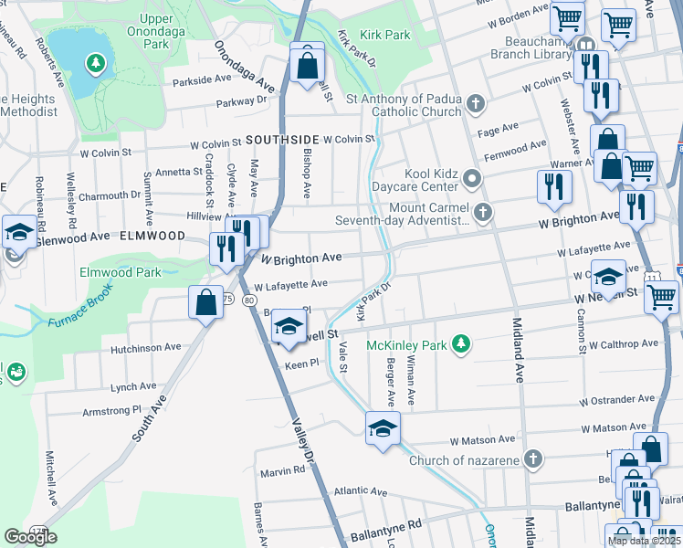 map of restaurants, bars, coffee shops, grocery stores, and more near 830 W Lafayette Ave in Syracuse