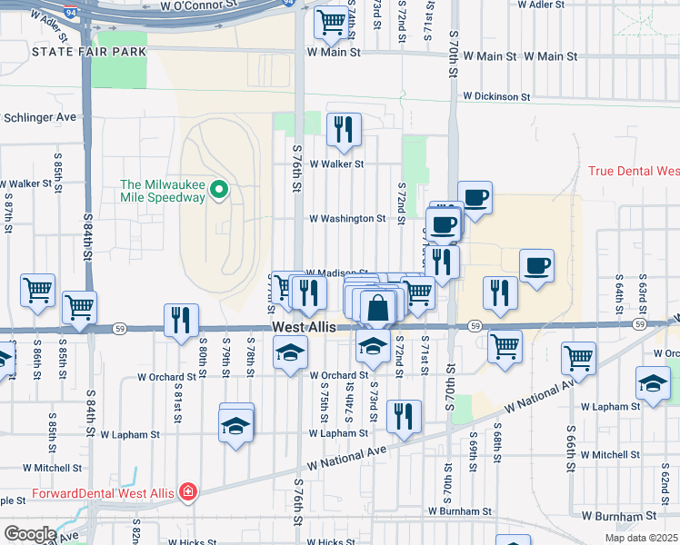 map of restaurants, bars, coffee shops, grocery stores, and more near 7416 West Madison Street in West Allis