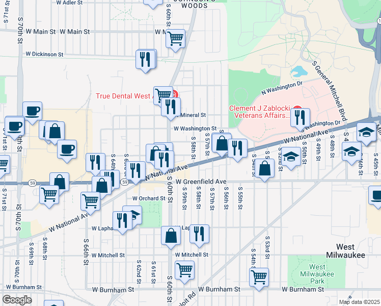 map of restaurants, bars, coffee shops, grocery stores, and more near 1229 South 58th Street in West Allis