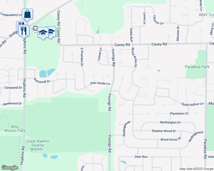 map of restaurants, bars, coffee shops, grocery stores, and more near 15 Pino Verde Lane in Buffalo