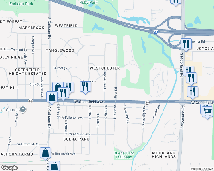 map of restaurants, bars, coffee shops, grocery stores, and more near 1240 Apple Tree Lane in Brookfield