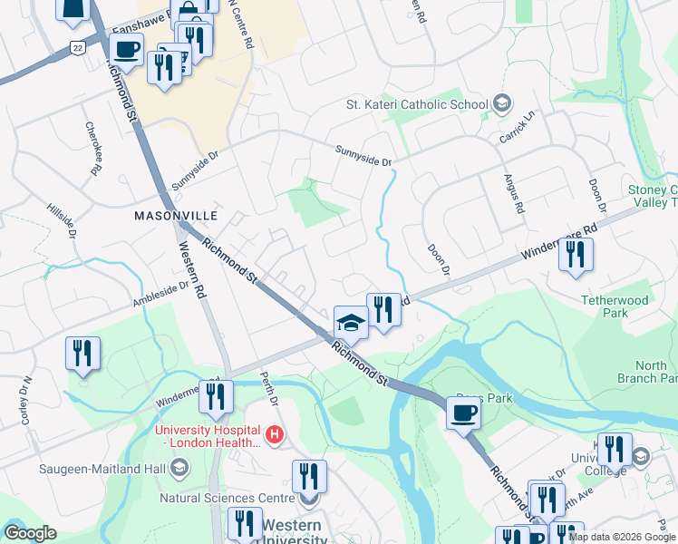 map of restaurants, bars, coffee shops, grocery stores, and more near 56 Tallwood Circle in London