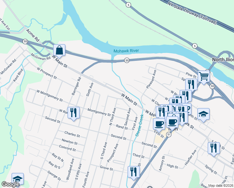 map of restaurants, bars, coffee shops, grocery stores, and more near 215-217 West Main Street in Ilion