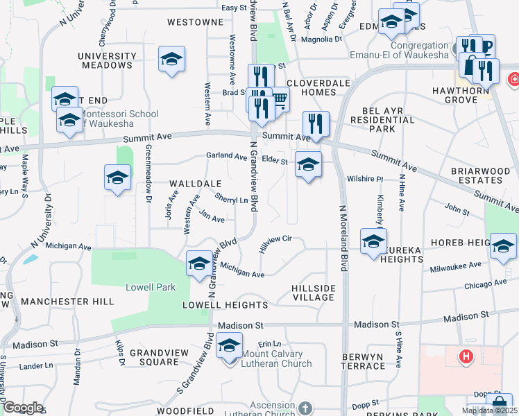 map of restaurants, bars, coffee shops, grocery stores, and more near 339 North Grandview Boulevard in Waukesha