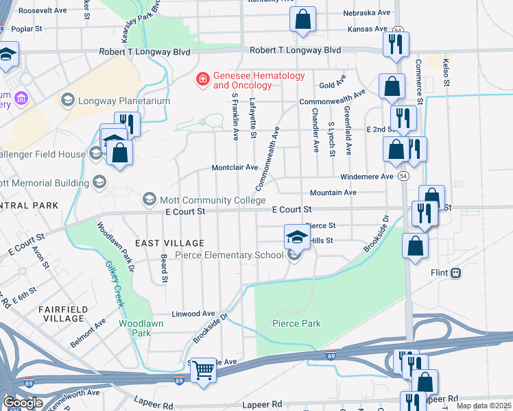 map of restaurants, bars, coffee shops, grocery stores, and more near 1913 East Court Street in Flint
