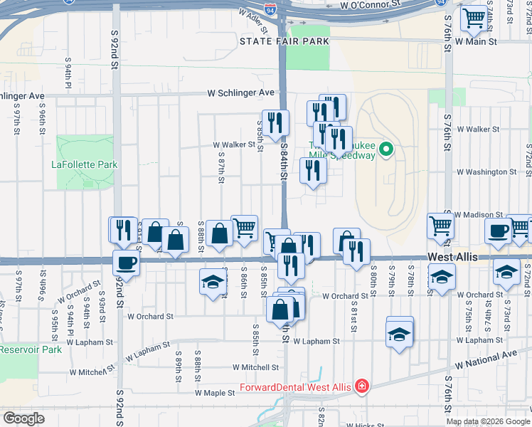 map of restaurants, bars, coffee shops, grocery stores, and more near 1224 South 85th Street in West Allis