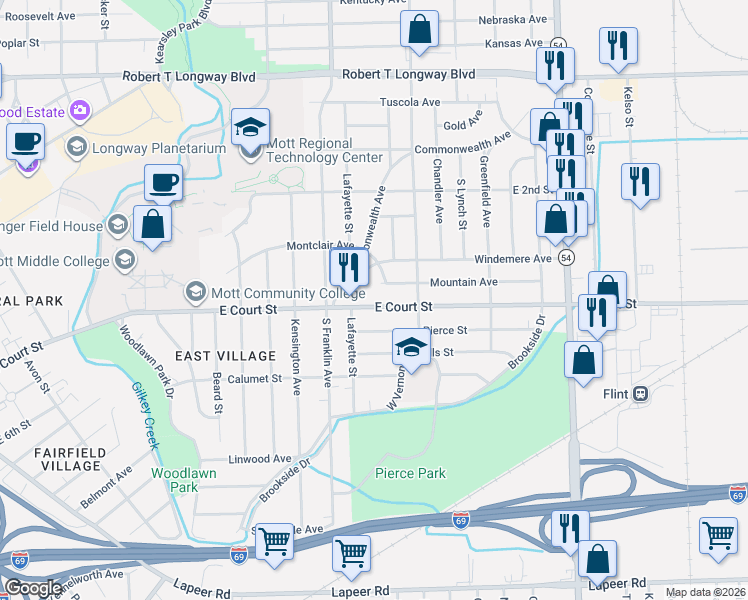 map of restaurants, bars, coffee shops, grocery stores, and more near 2013 East Court Street in Flint