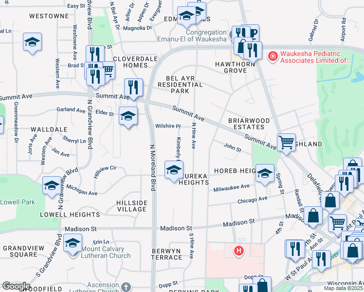map of restaurants, bars, coffee shops, grocery stores, and more near 441 Kimberly Drive in Waukesha