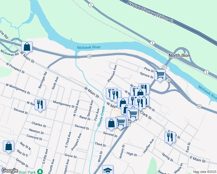 map of restaurants, bars, coffee shops, grocery stores, and more near 100 W Clark St in Ilion