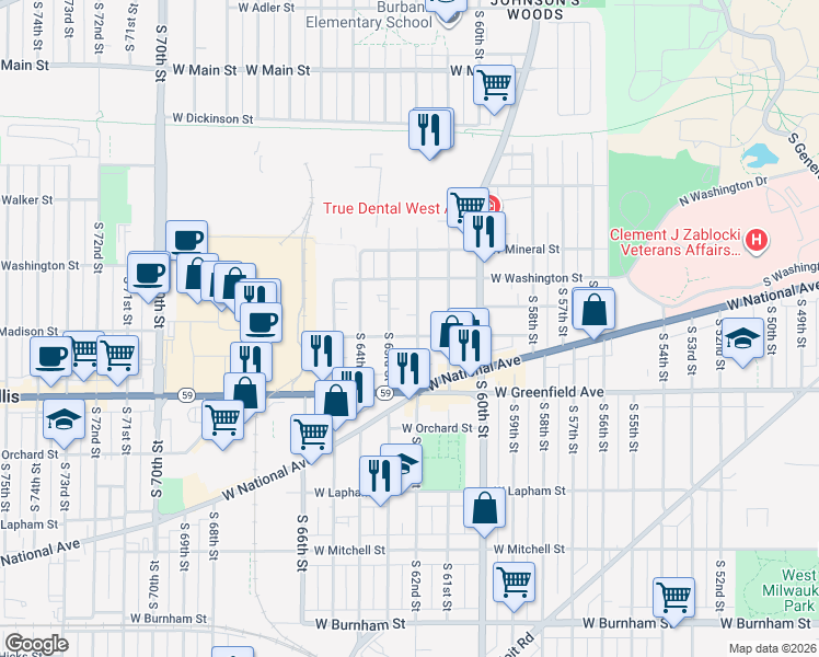 map of restaurants, bars, coffee shops, grocery stores, and more near 1229 South 62nd Street in West Allis